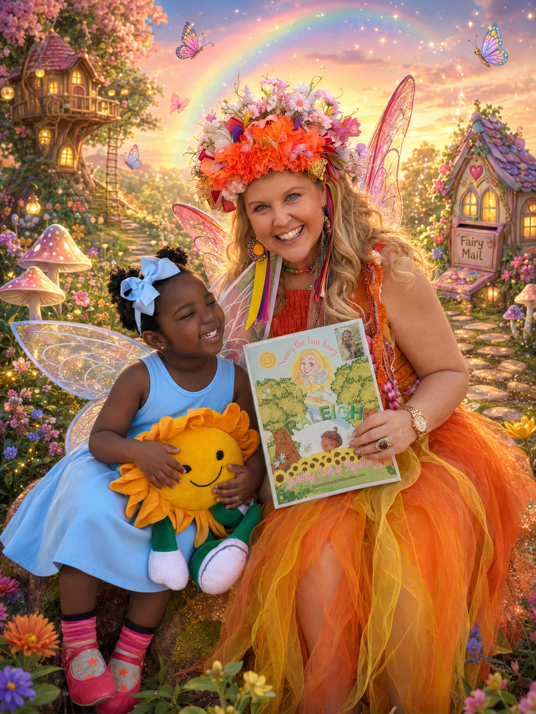 Sunny the Fun Fairy sharing her coloring storybook with a little sunbeam in the fairy garden